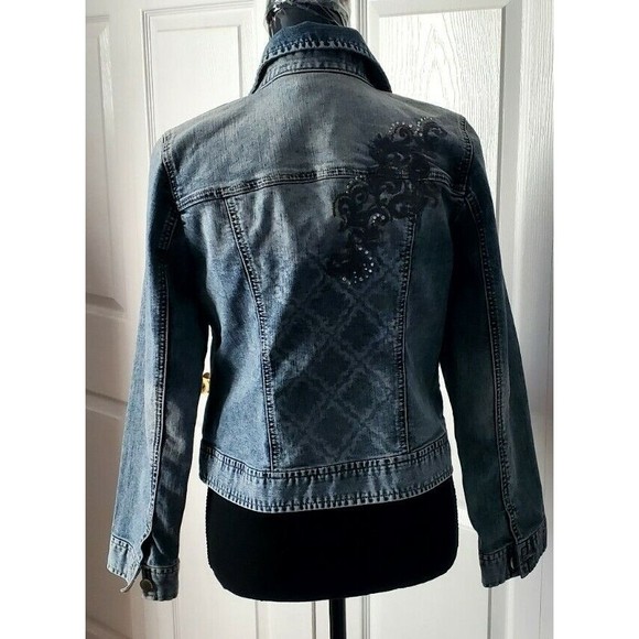 Platinum Chicos Embroider Ed Blue Jean Jacket Diamond Stud Size 0 Denim Coat EUC - Picture 3 of 6